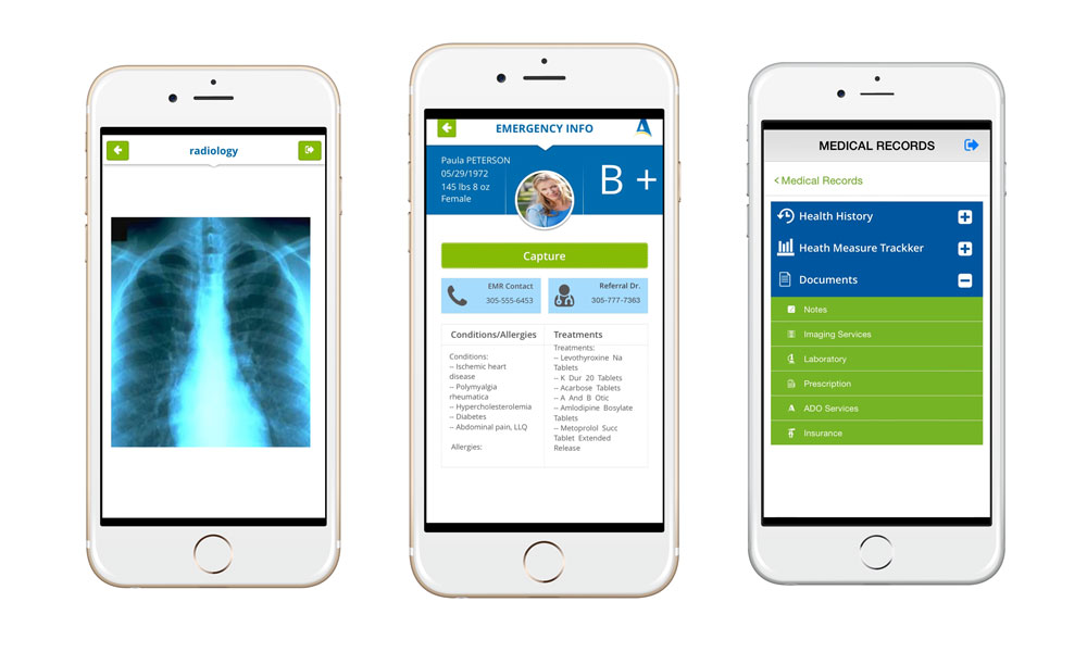 three phones with screen shots of personal health records