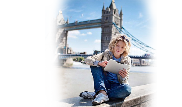 woman on tablet in london